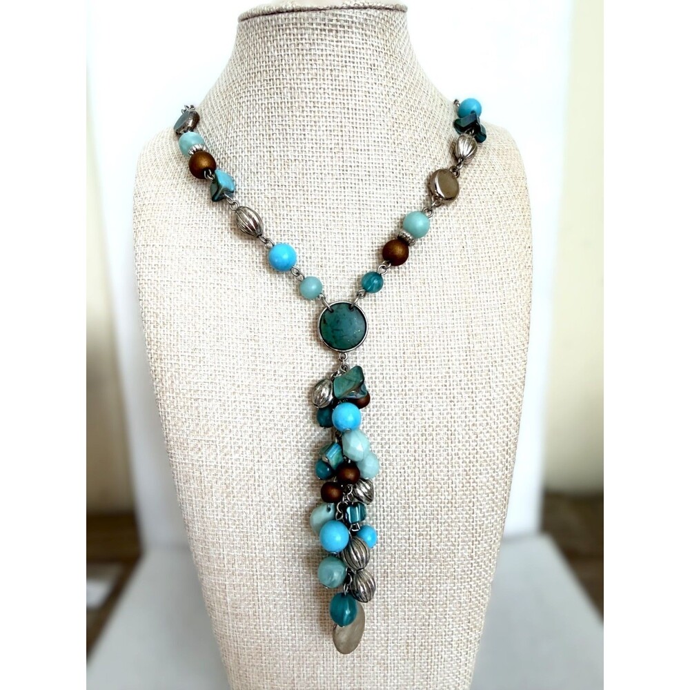 Tanya Creations Turquoise Blue Beaded Y Drop Cluster Pendant Necklace NWT